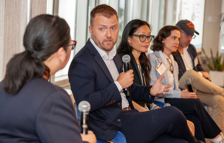 Noah Hale (second from left) speaks on a panel with Sheila Pozon (from left), Jennifer Sun, Miriam Harris and John Valladares.