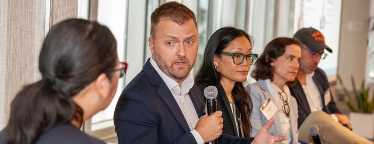 Noah Hale (second from left) speaks on a panel with Sheila Pozon (from left), Jennifer Sun, Miriam Harris and John Valladares.