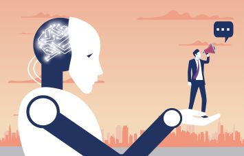 An illustration of a robot holding up a man with a megaphone.