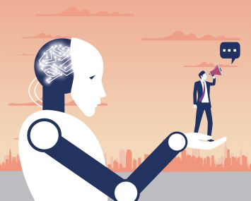 An illustration of a robot holding up a man with a megaphone.