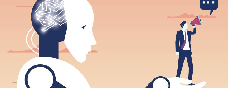 An illustration of a robot holding up a man with a megaphone.