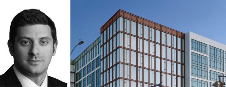 JLL's Aaron Niedermayer (top) and Michael Mazzara, and a conceptual rendering of a planned residential building at 30-05 Whitestone Expressway, Queens.