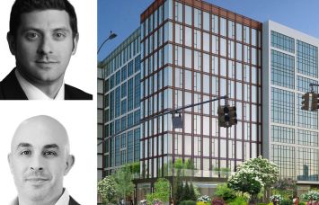 JLL's Aaron Niedermayer (top) and Michael Mazzara, and a conceptual rendering of a planned residential building at 30-05 Whitestone Expressway, Queens.