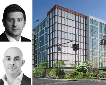 JLL's Aaron Niedermayer (top) and Michael Mazzara, and a conceptual rendering of a planned residential building at 30-05 Whitestone Expressway, Queens.