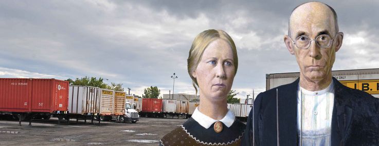 An illustration showing the farmer and his wife from "American Gothic" standing in front of an industrial outdoor storage lot.