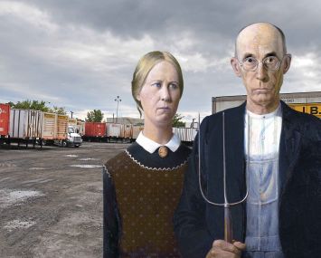 An illustration showing the farmer and his wife from "American Gothic" standing in front of an industrial outdoor storage lot.