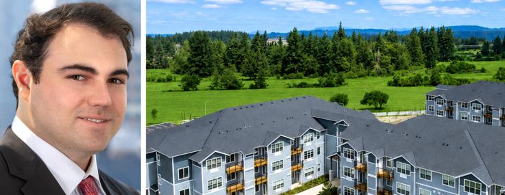 Andrew Tichy of Dwight Capital and a rendering of Timberview Apartments and Townhomes in Oregon City, Ore.