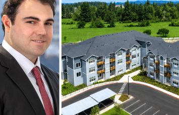 Andrew Tichy of Dwight Capital and a rendering of Timberview Apartments and Townhomes in Oregon City, Ore.