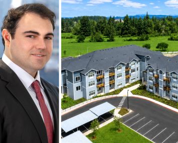 Andrew Tichy of Dwight Capital and a rendering of Timberview Apartments and Townhomes in Oregon City, Ore.