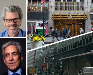 Empire State Realty Trust's Anthony Malkin (top left), Charles Cohen (bottom left), 1400 Broadway (top right), and 111 West 33rd Street.