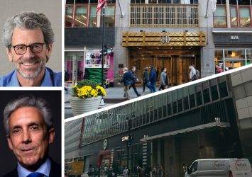 Empire State Realty Trust's Anthony Malkin (top left), Charles Cohen (bottom left), 1400 Broadway (top right), and 111 West 33rd Street.