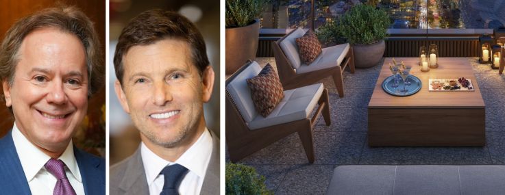 Zeckendorf Development's Arthur Zeckendorf (top left) and William Zeckendorf (bottom left), Atlas Capital Group's Jeffrey Goldberger (top right) and Andrew Cohen, and a rendering of 80 Clarkson Street's penthouse.