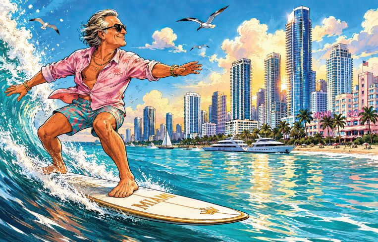 An illustration of a wealthy man in a Hawaiian shirt surfing toward Miami.