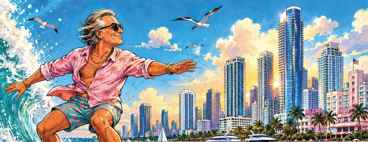An illustration of a wealthy man in a Hawaiian shirt surfing toward Miami.