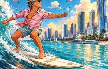 An illustration of a wealthy man in a Hawaiian shirt surfing toward Miami.