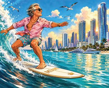 An illustration of a wealthy man in a Hawaiian shirt surfing toward Miami.