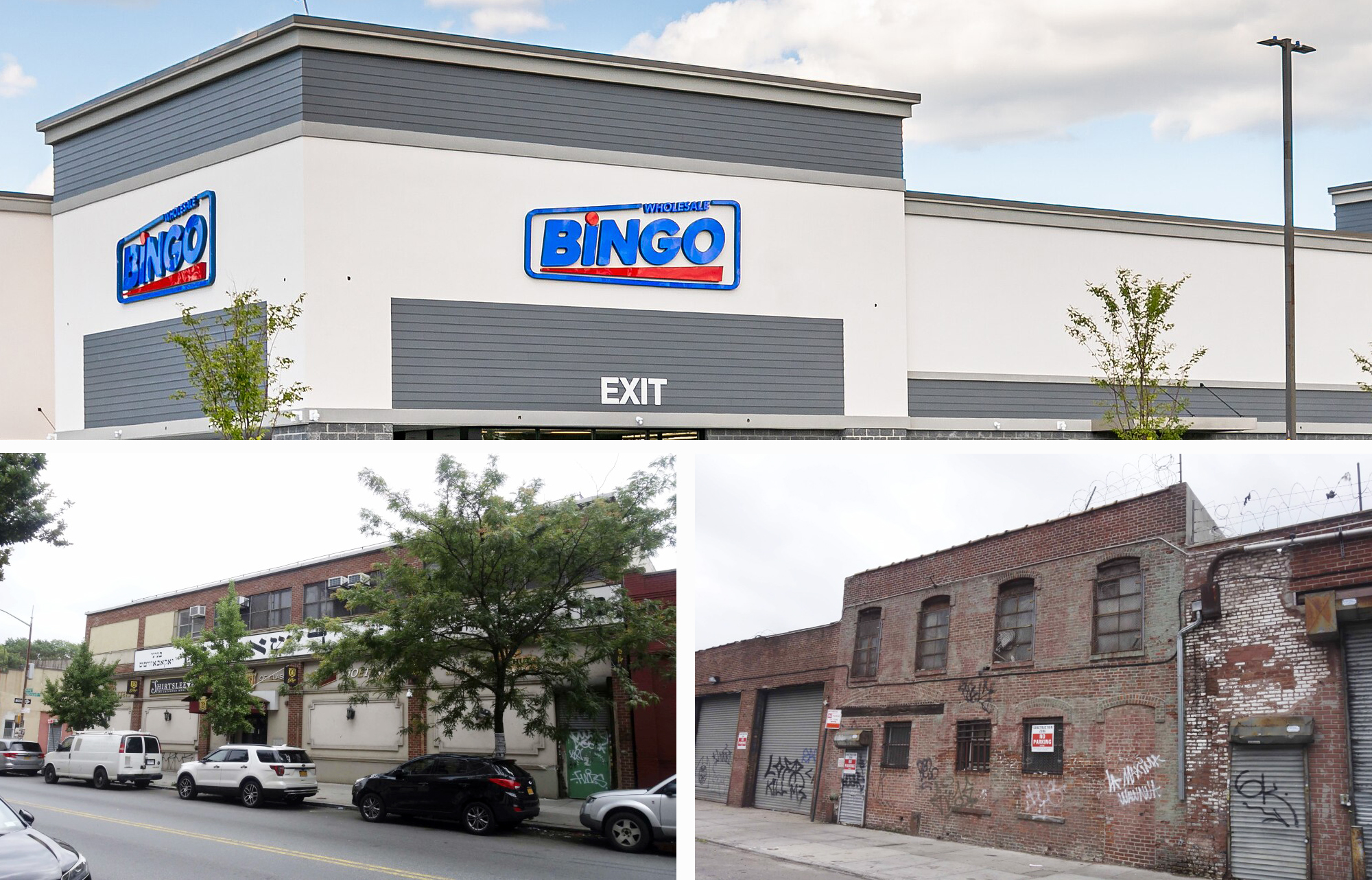 A Bingo Wholesale store (top), 18 Warsoff Place, Brooklyn (left), and 39 Walworth Street, Brooklyn.
