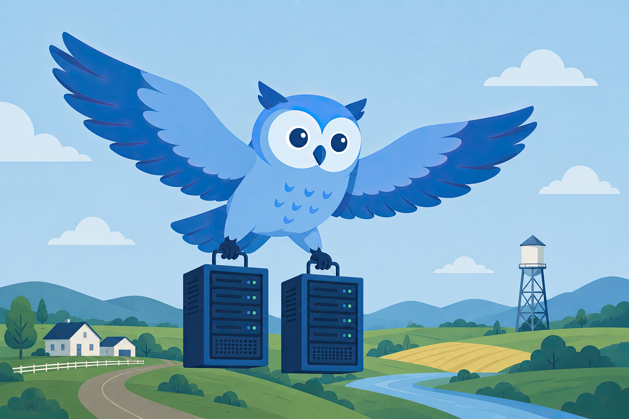An illustration of a blue owl flying and carrying a pair of servers from a data center.
