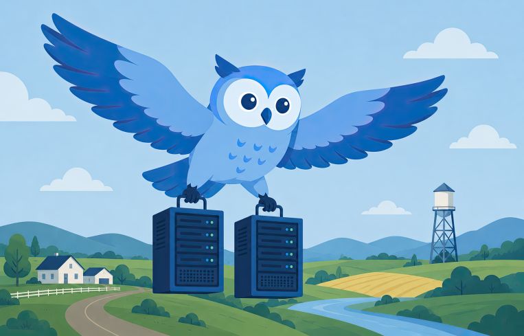 An illustration of a blue owl flying and carrying a pair of servers from a data center.