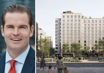 Gotham Organization's Bryan Kelly and a rendering of Innovation Urban Village planned for Brooklyn.