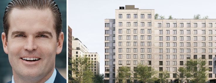 Gotham Organization's Bryan Kelly and a rendering of Innovation Urban Village planned for Brooklyn.