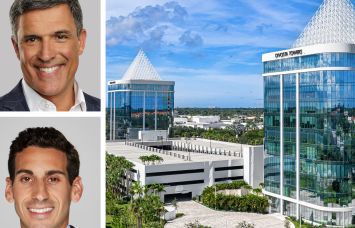 Berkadia's Charles Foschini (top) and Scott Wadler, and DiVosta Towers in Palm Beach Gardens, Fla.