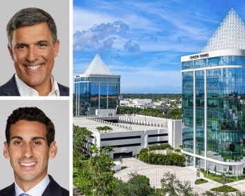 Berkadia's Charles Foschini (top) and Scott Wadler, and DiVosta Towers in Palm Beach Gardens, Fla.