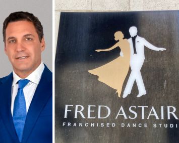 Lee & Associates's Claude Kolb and a sign to a Fred Astaire dance studio.