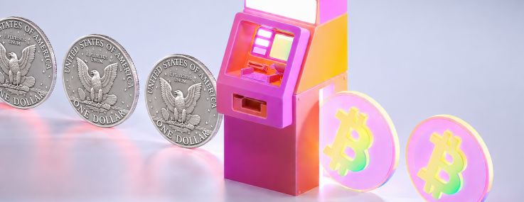 An illustration of a pink ATM converting silver dollars into Bitcoin.