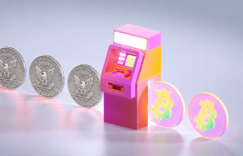 An illustration of a pink ATM converting silver dollars into Bitcoin.