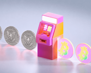 An illustration of a pink ATM converting silver dollars into Bitcoin.