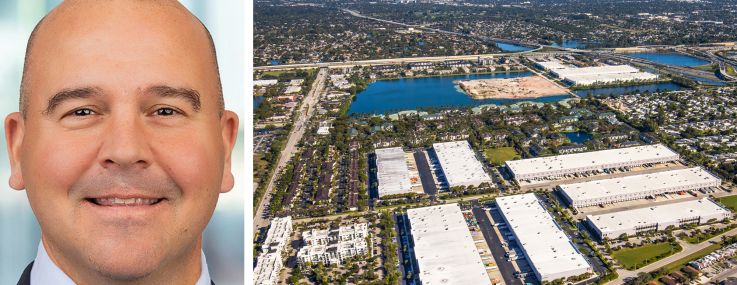 Prologis CEO Dan Letter and a satellite view of the Davie Business Center, Davie, Fla.