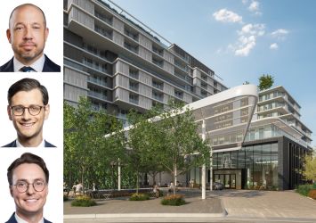 Greystone's Drew Fletcher (top), Bryan Grover (center) and Jesse Kopecky, and a rendering of IKONIC Scottsdale in Scottsdale, Ariz.