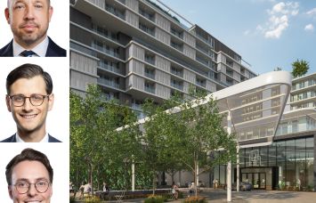 Greystone's Drew Fletcher (top), Bryan Grover (center) and Jesse Kopecky, and a rendering of IKONIC Scottsdale in Scottsdale, Ariz.
