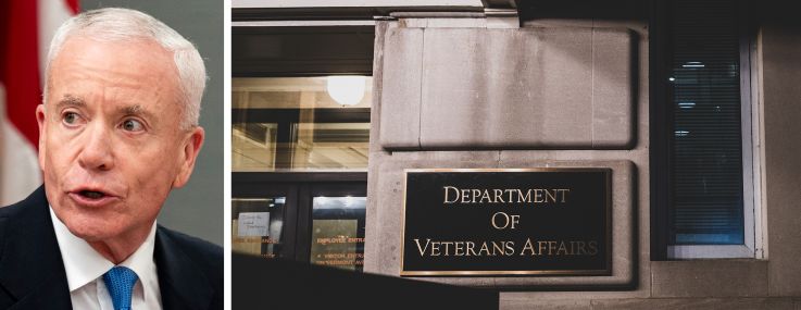 General Services Administration Administrator Ed Forst and a sign at a Department of Veterans Affairs office.