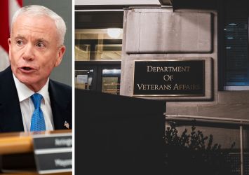 General Services Administration Administrator Ed Forst and a sign at a Department of Veterans Affairs office.