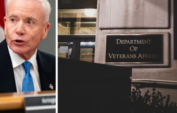 General Services Administration Administrator Ed Forst and a sign at a Department of Veterans Affairs office.