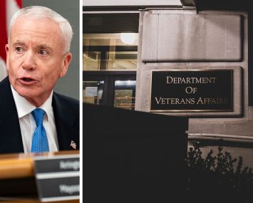 General Services Administration Administrator Ed Forst and a sign at a Department of Veterans Affairs office.
