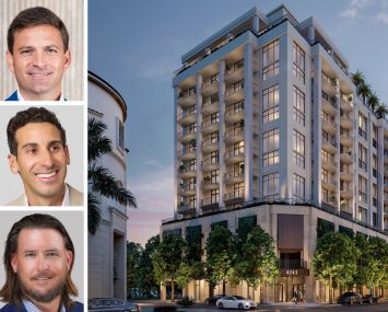 Constellation Group's Eduardo Otaola (top), Berkadia's Scott Wadler (center) and Matthew Nihan, and a rendering of Cora Merrick Park in Coral Gables, Fla.