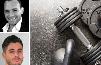 KSR's Eli Yadid (top) and Ori Melloul, and various fitness equipment on a floor.