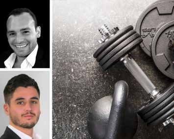 KSR's Eli Yadid (top) and Ori Melloul, and various fitness equipment on a floor.