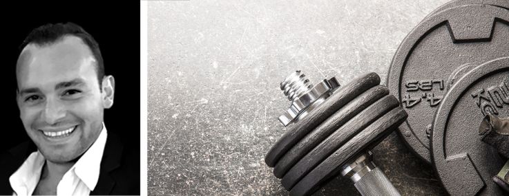 KSR's Eli Yadid (top) and Ori Melloul, and various fitness equipment on a floor.