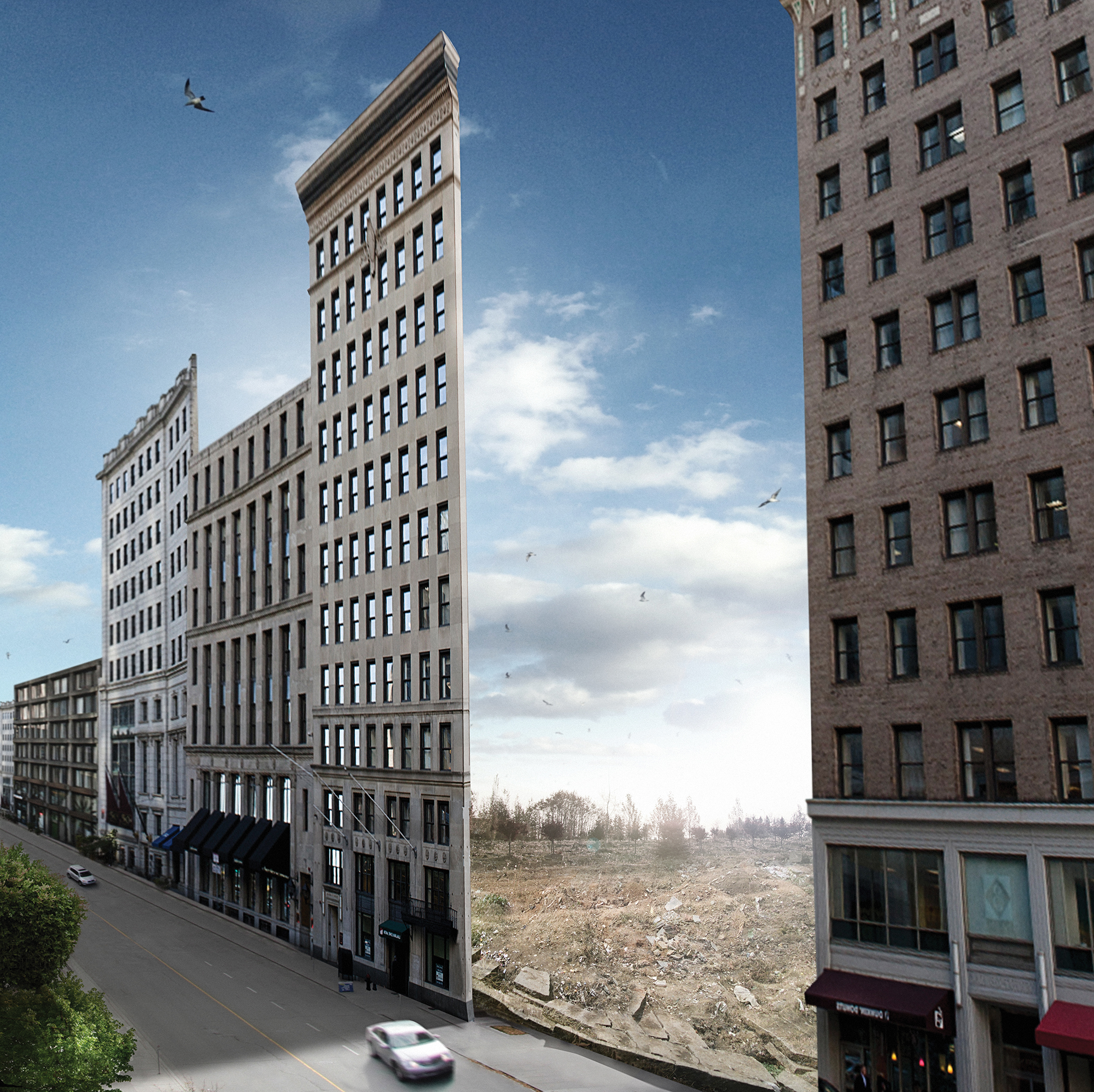 An illustration of building facades line a street but with nothing behind them except an empty field.