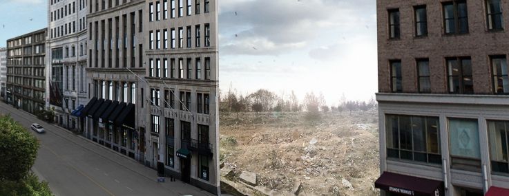 An illustration of building facades line a street but with nothing behind them except an empty field.