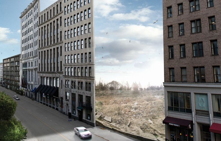 An illustration of building facades line a street but with nothing behind them except an empty field.