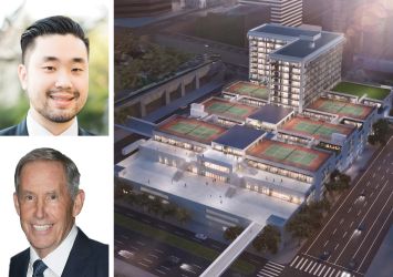 Jamison CEO Garrett Lee (top), Kennedy Wilson CEO William McMorrow, and a rendering of 333 Flower Street, Los Angeles.