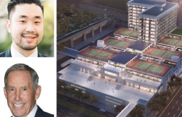 Jamison CEO Garrett Lee (top), Kennedy Wilson CEO William McMorrow, and a rendering of 333 Flower Street, Los Angeles.