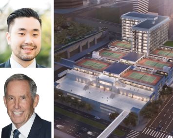 Jamison CEO Garrett Lee (top), Kennedy Wilson CEO William McMorrow, and a rendering of 333 Flower Street, Los Angeles.