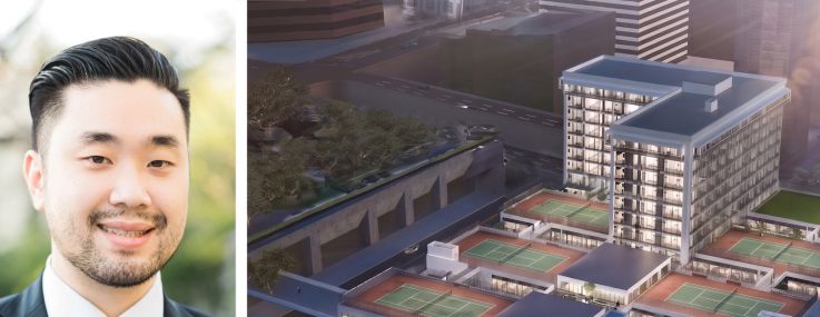 Jamison CEO Garrett Lee (top), Kennedy Wilson CEO William McMorrow, and a rendering of 333 Flower Street, Los Angeles.