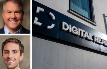 Digital Realty's Greg Wright (top), Blackstone's Mike Forman and a Digital Realty sign outside one of its data centers.